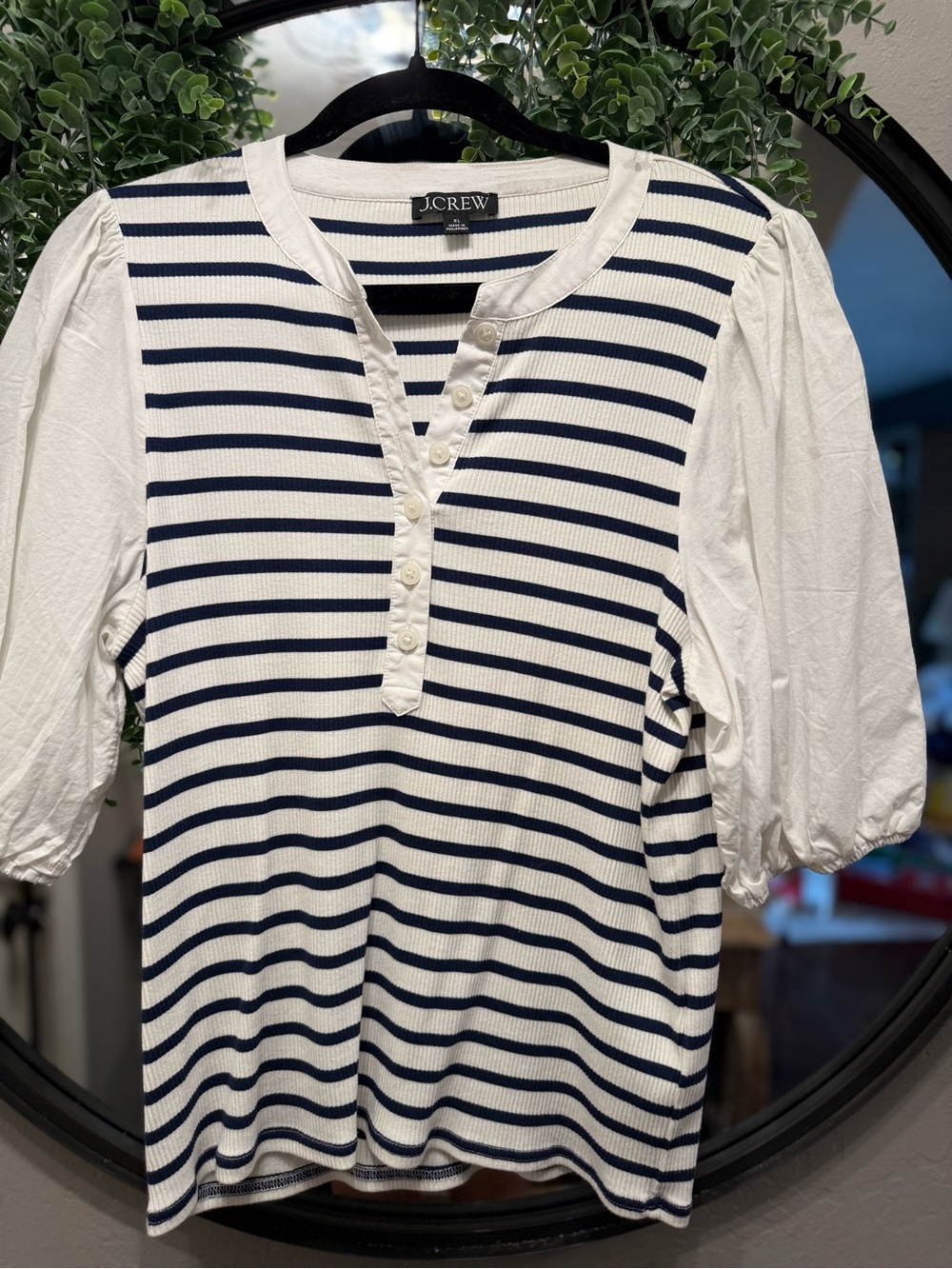 J. Crew White and Navy Striped Button-Front Puff Sleeve Top